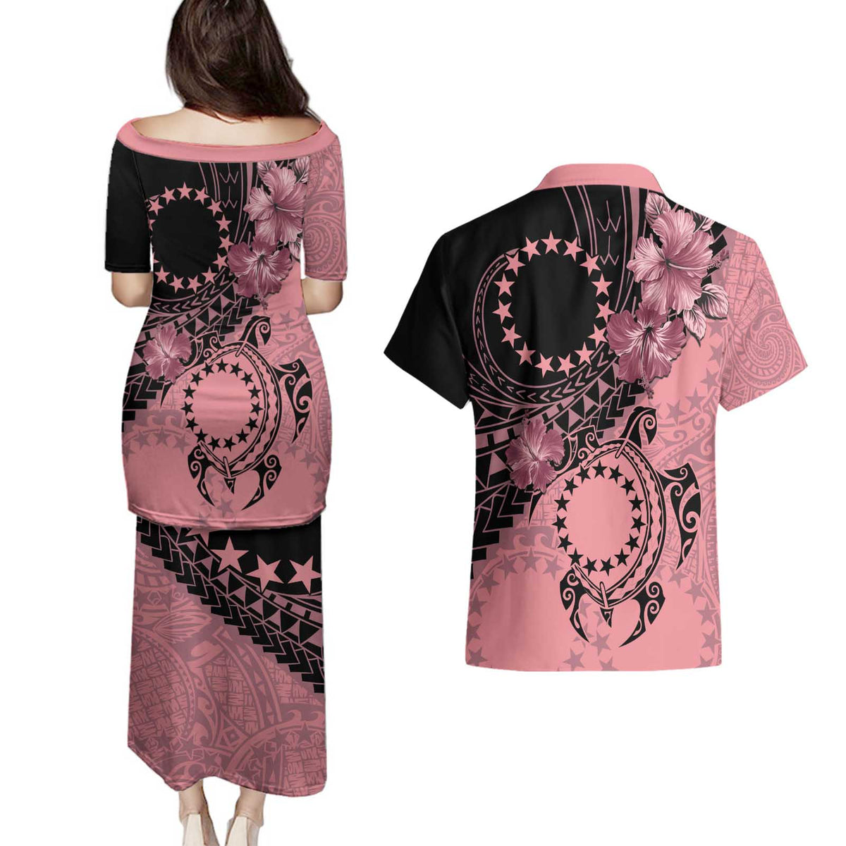 Cook Islands Turtle Couples Matching Puletasi and Hawaiian Shirt Stars and Hibiscus - Pink LT01 - Polynesian Pride