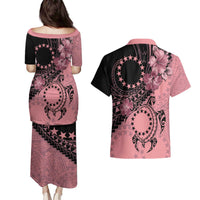 Cook Islands Turtle Couples Matching Puletasi and Hawaiian Shirt Stars and Hibiscus - Pink LT01 - Polynesian Pride