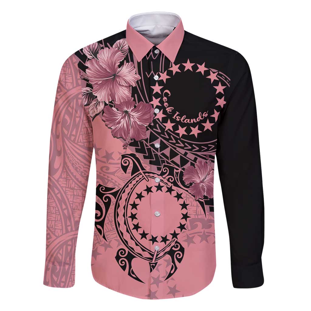 Cook Islands Turtle Family Matching Long Sleeve Bodycon Dress and Hawaiian Shirt Stars and Hibiscus - Pink