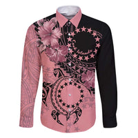 Cook Islands Turtle Family Matching Long Sleeve Bodycon Dress and Hawaiian Shirt Stars and Hibiscus - Pink
