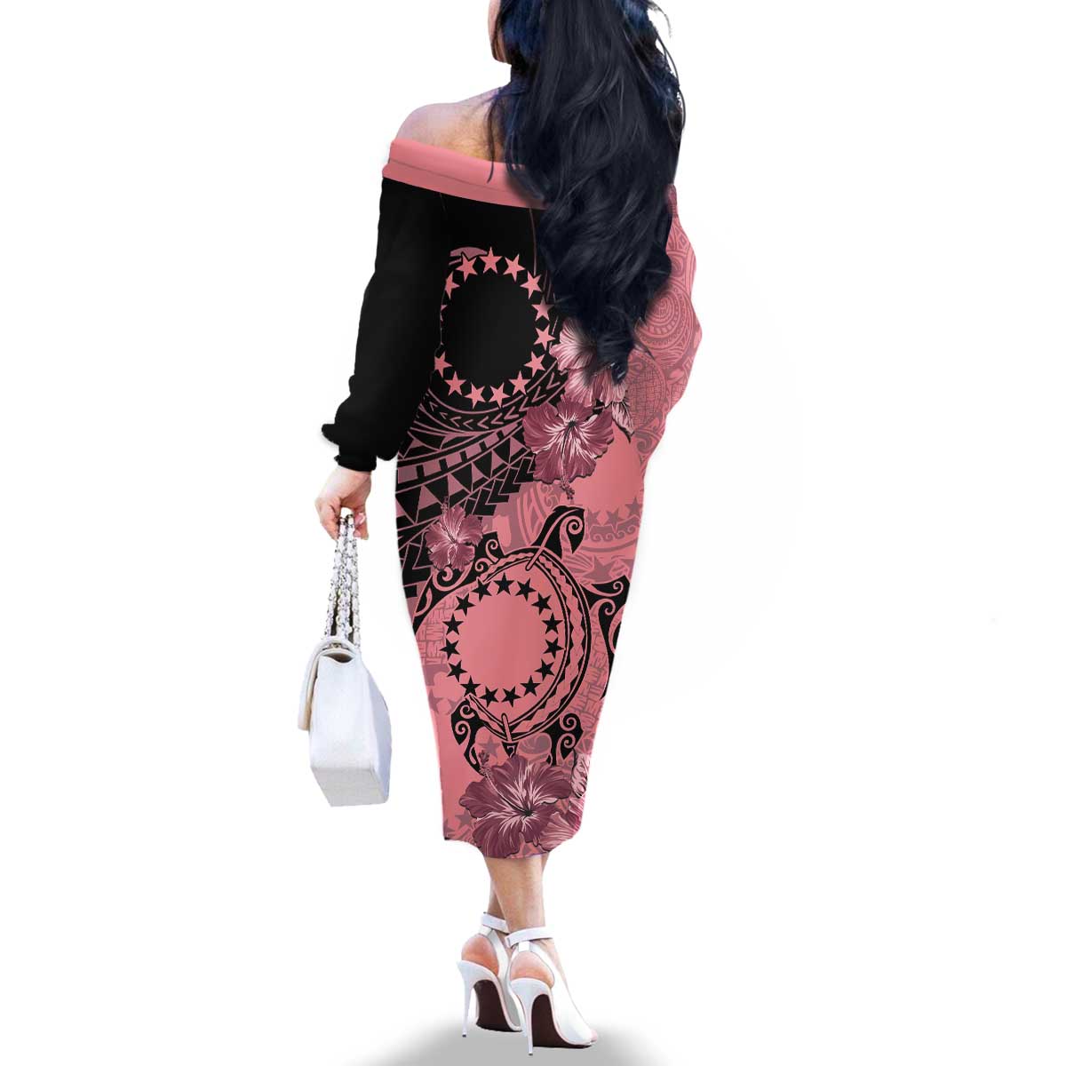 Cook Islands Turtle Family Matching Off The Shoulder Long Sleeve Dress and Hawaiian Shirt Stars and Hibiscus - Pink