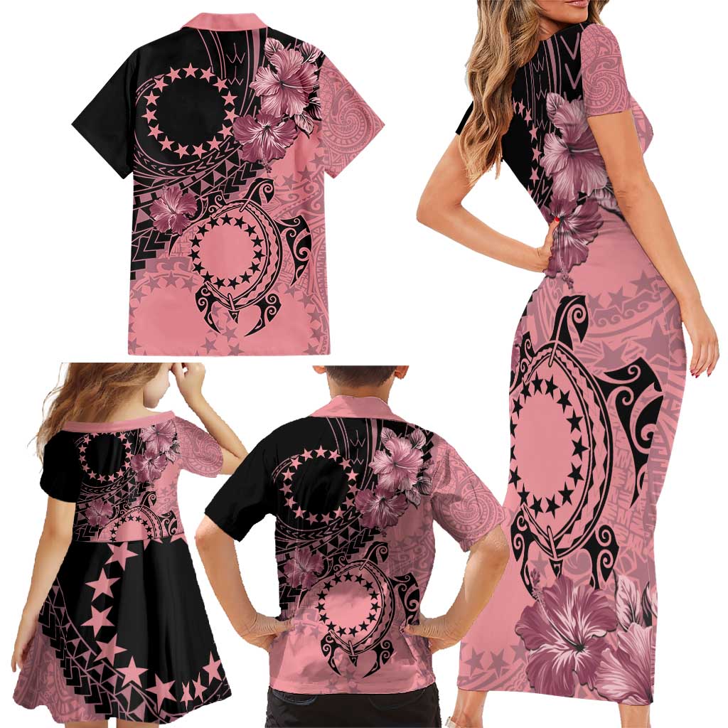 Cook Islands Turtle Family Matching Short Sleeve Bodycon Dress and Hawaiian Shirt Stars and Hibiscus - Pink