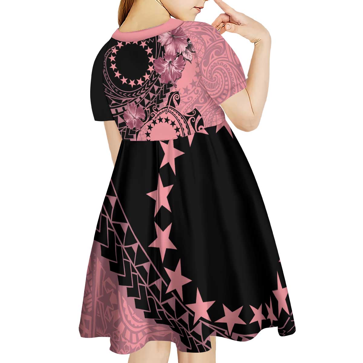 Cook Islands Turtle Kid Short Sleeve Dress Stars and Hibiscus - Pink