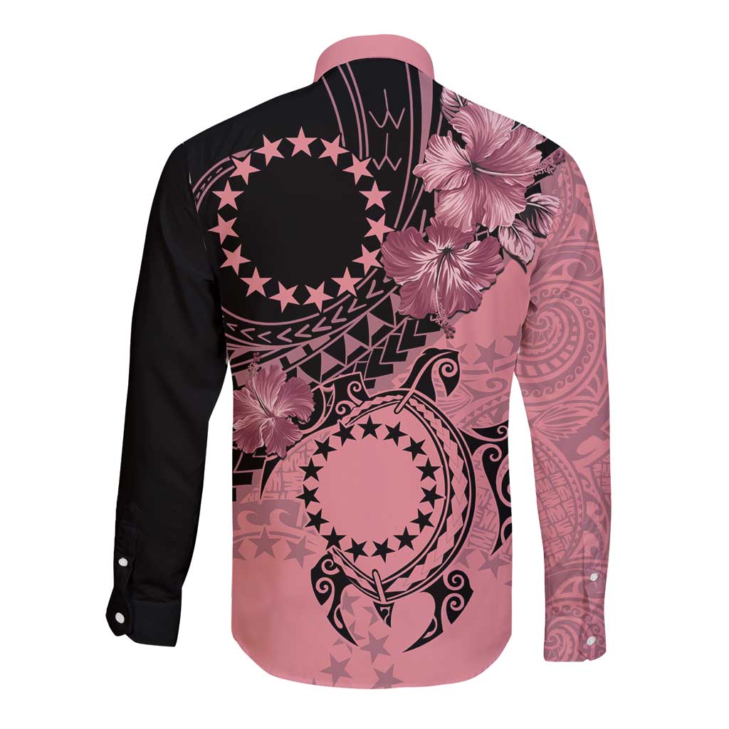 Cook Islands Turtle Long Sleeve Button Shirt Stars and Hibiscus - Pink