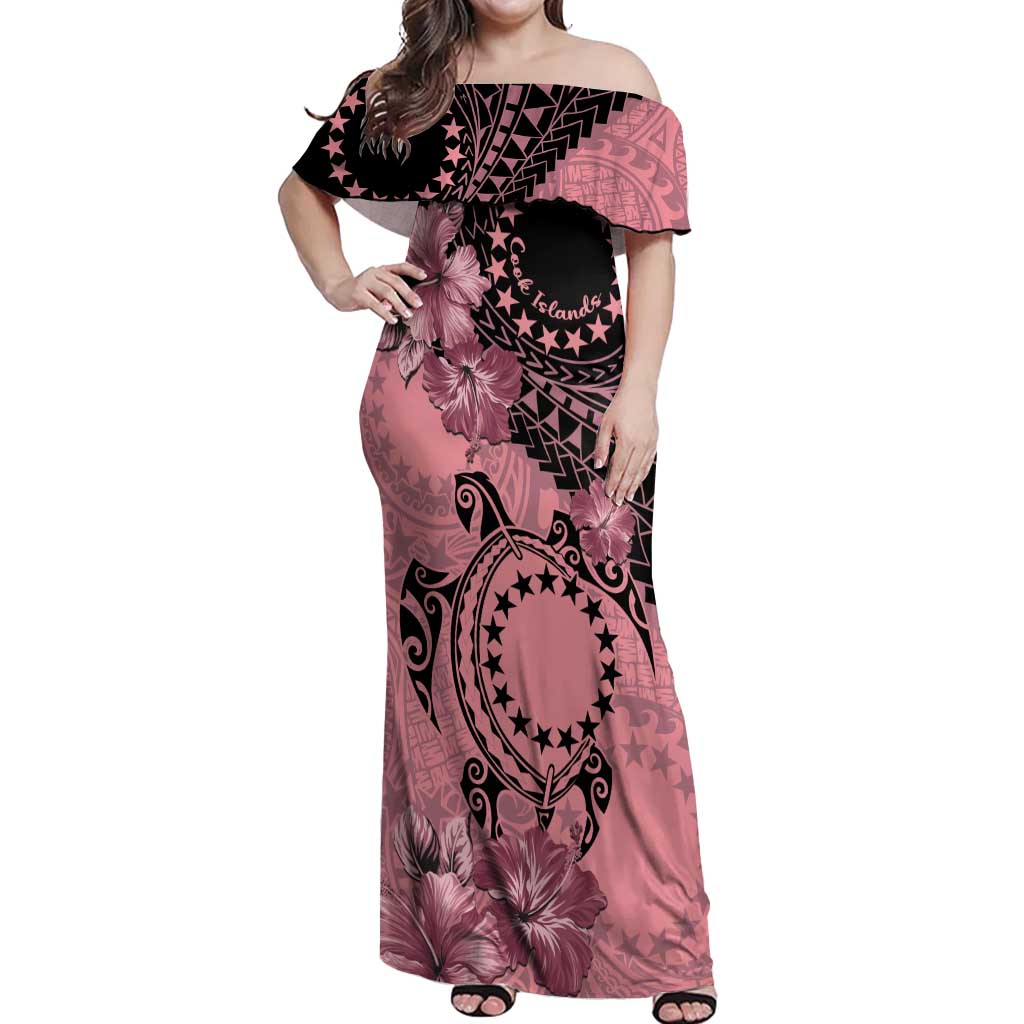 Cook Islands Turtle Off Shoulder Maxi Dress Stars and Hibiscus - Pink LT01 Women Pink - Polynesian Pride