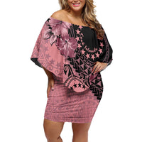 Cook Islands Turtle Off Shoulder Short Dress Stars and Hibiscus - Pink LT01 Women Pink - Polynesian Pride