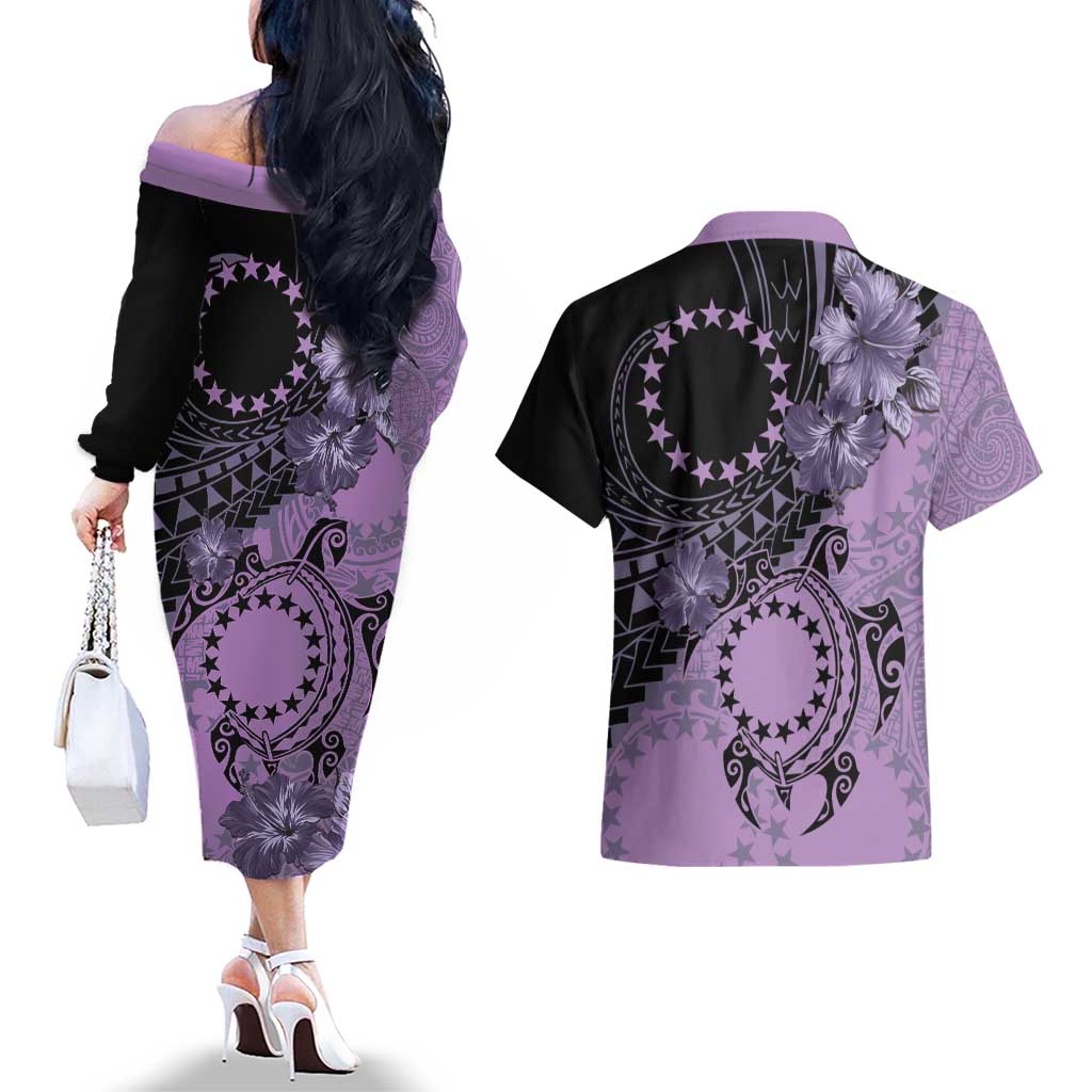 Cook Islands Turtle Couples Matching Off The Shoulder Long Sleeve Dress and Hawaiian Shirt Stars and Hibiscus - Purple