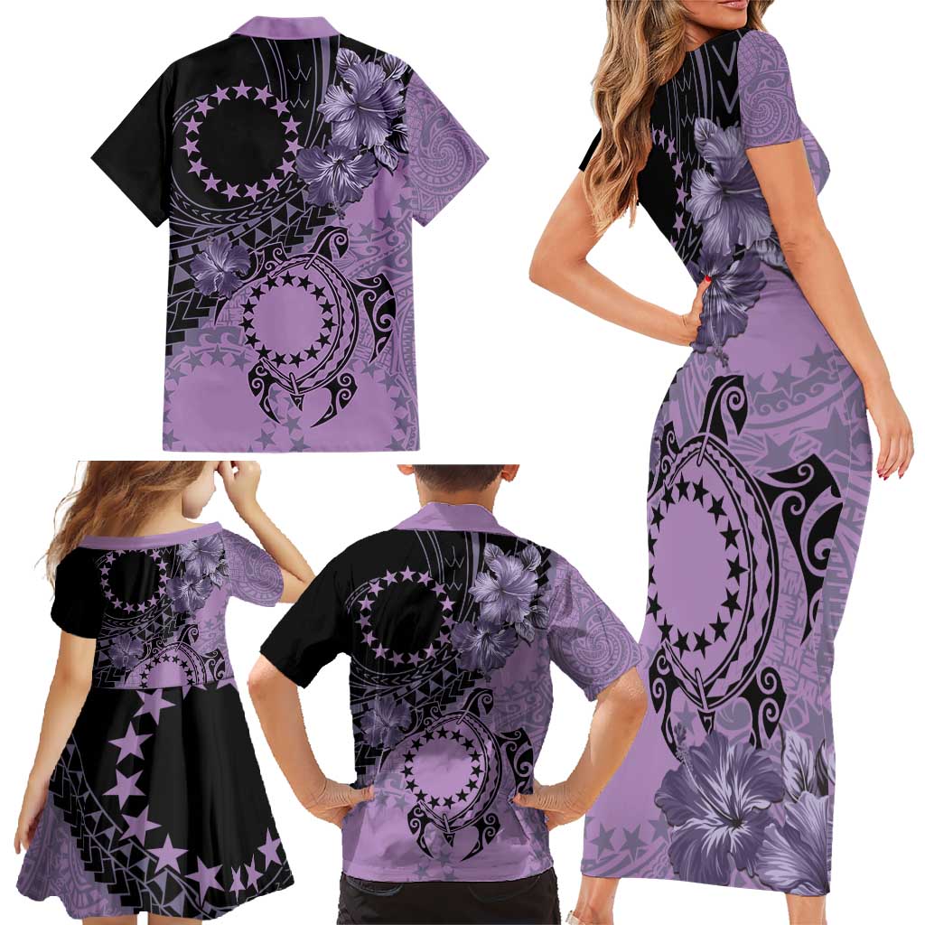 Cook Islands Turtle Family Matching Short Sleeve Bodycon Dress and Hawaiian Shirt Stars and Hibiscus - Purple