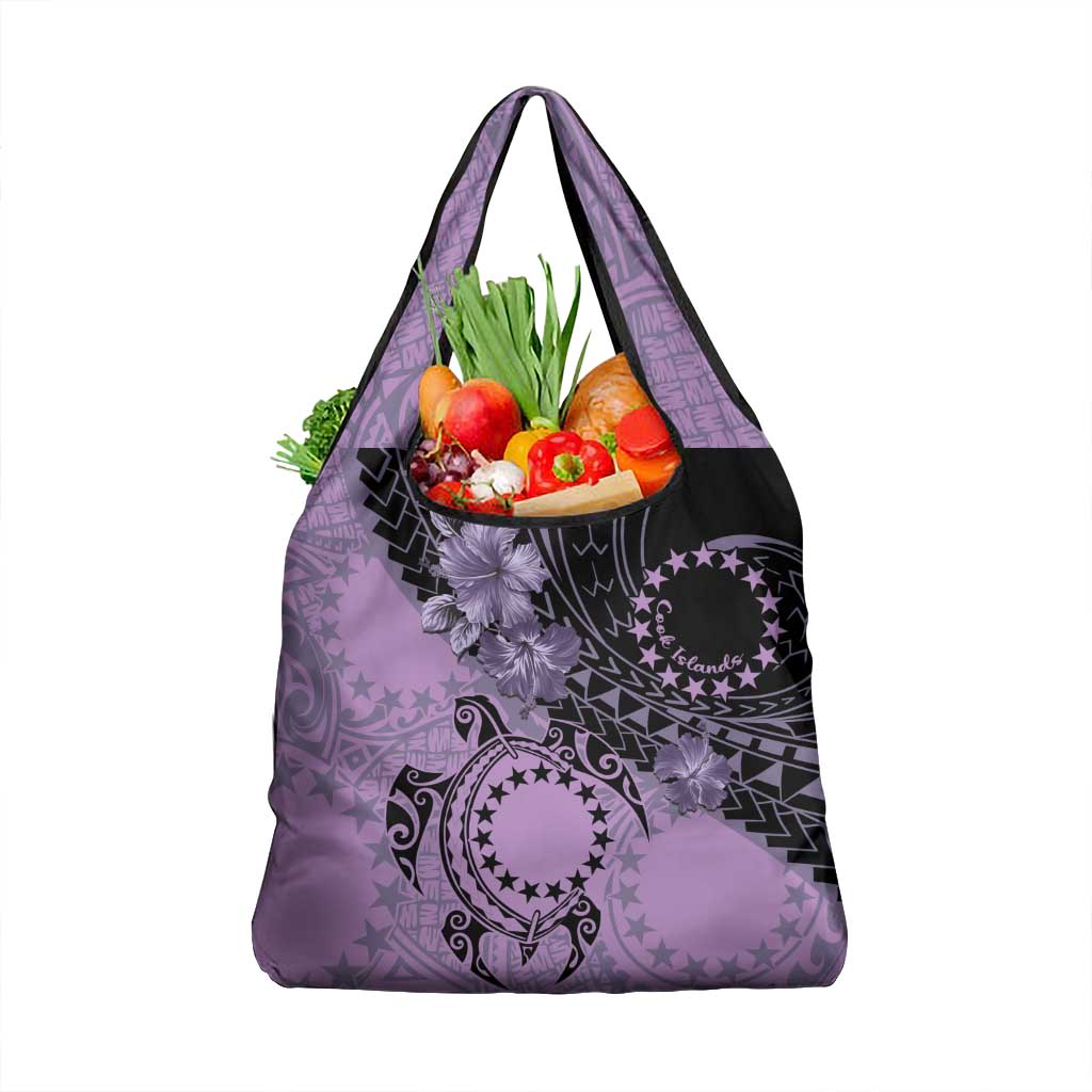 Cook Islands Turtle Grocery Bag Stars and Hibiscus - Purple