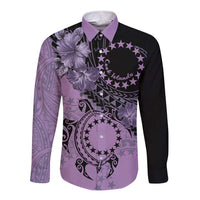 Cook Islands Turtle Long Sleeve Button Shirt Stars and Hibiscus - Purple