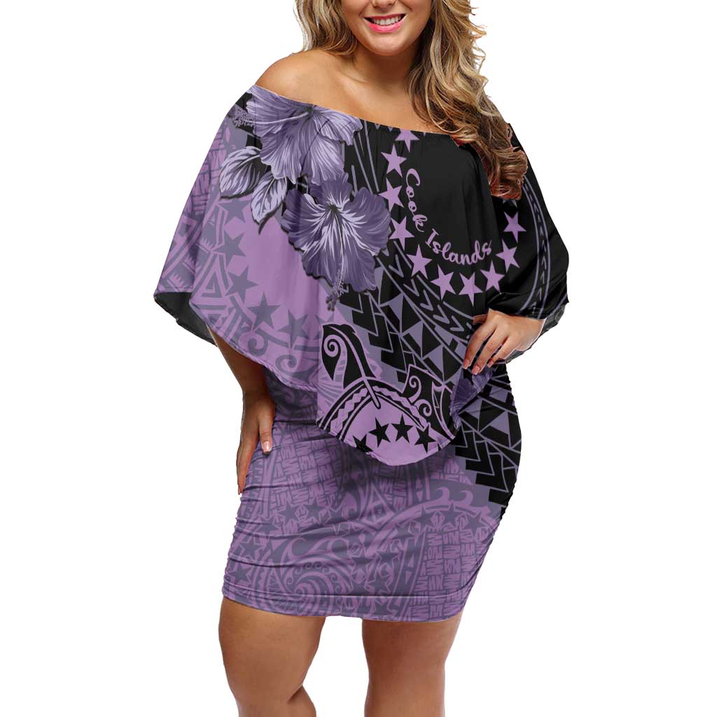Cook Islands Turtle Off Shoulder Short Dress Stars and Hibiscus - Purple LT01 Women Purple - Polynesian Pride