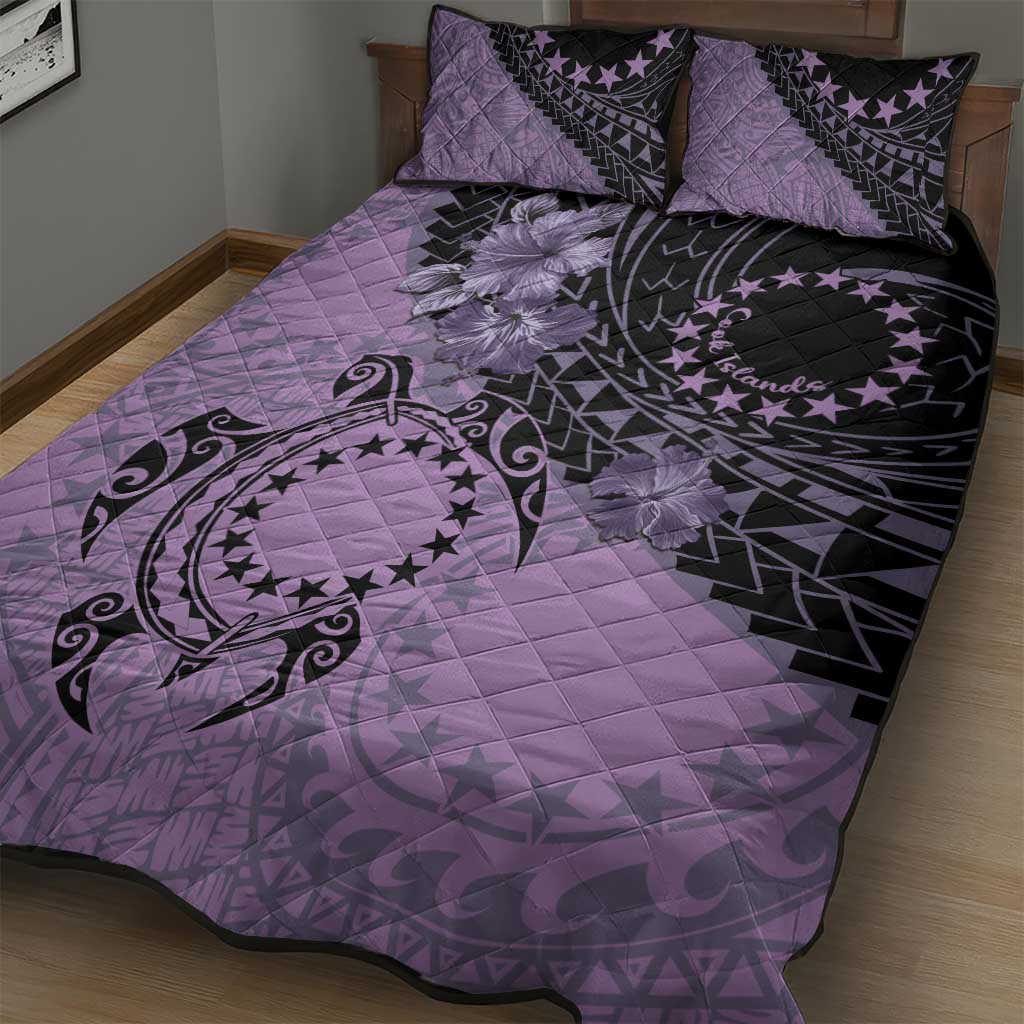Cook Islands Turtle Quilt Bed Set Stars and Hibiscus - Purple