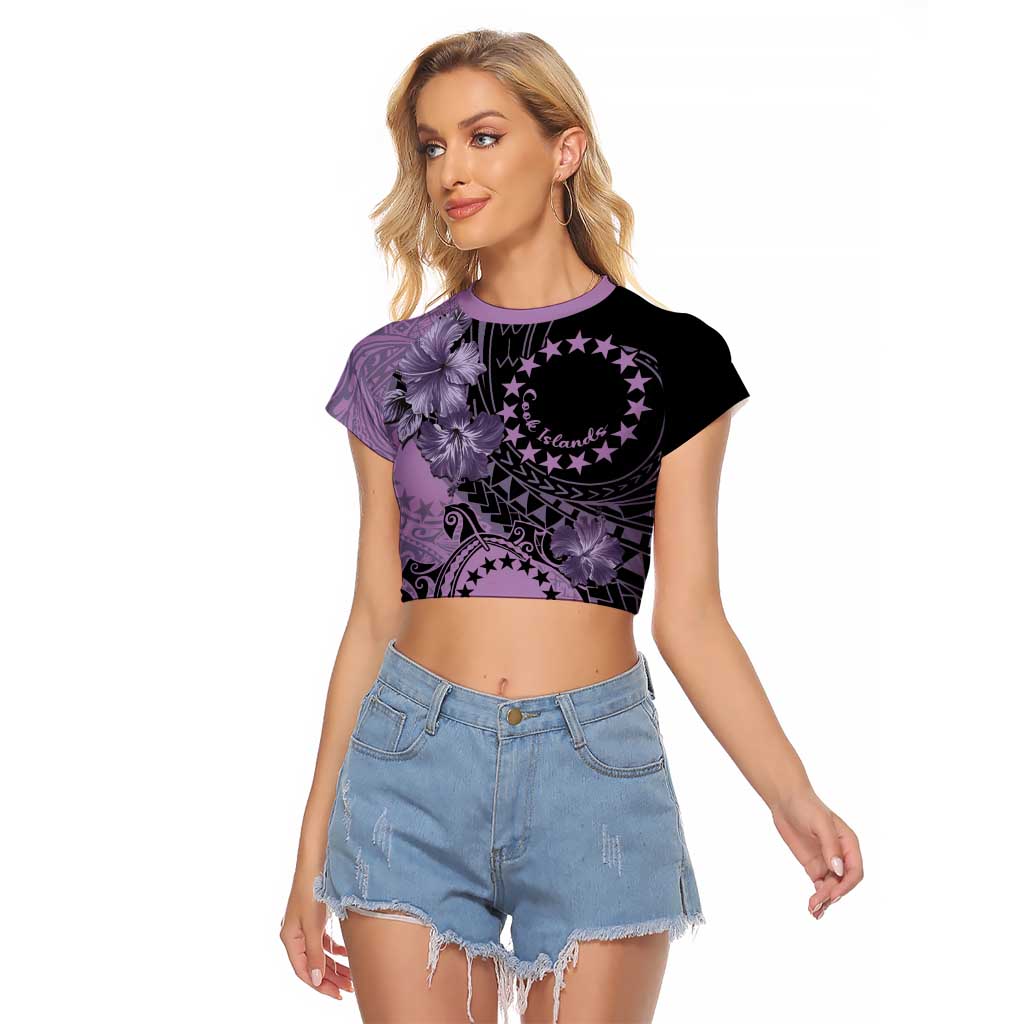 Cook Islands Turtle Raglan Cropped T Shirt Stars and Hibiscus - Purple LT01 Female Purple - Polynesian Pride