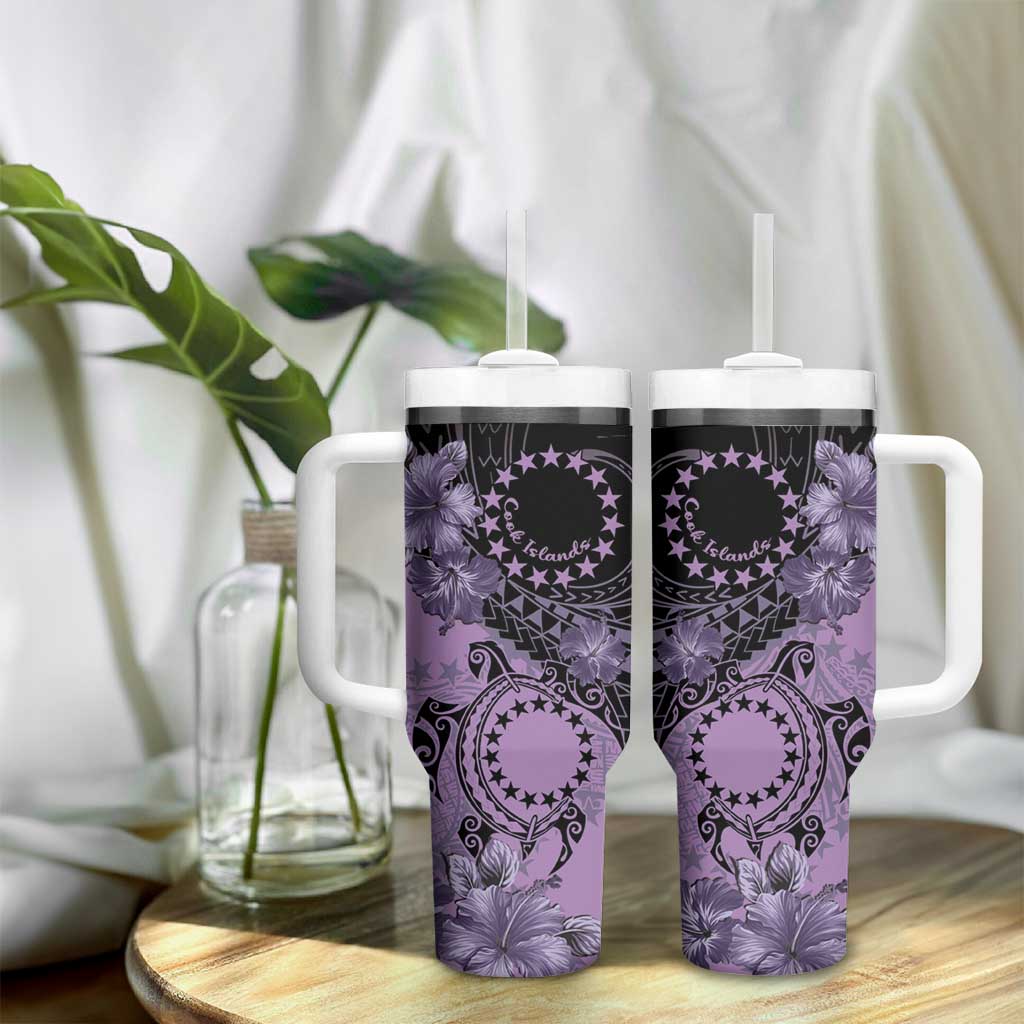 Cook Islands Turtle Tumbler With Handle Stars and Hibiscus - Purple