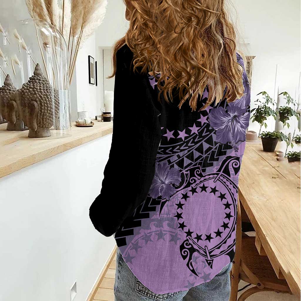 Cook Islands Turtle Women Casual Shirt Stars and Hibiscus - Purple