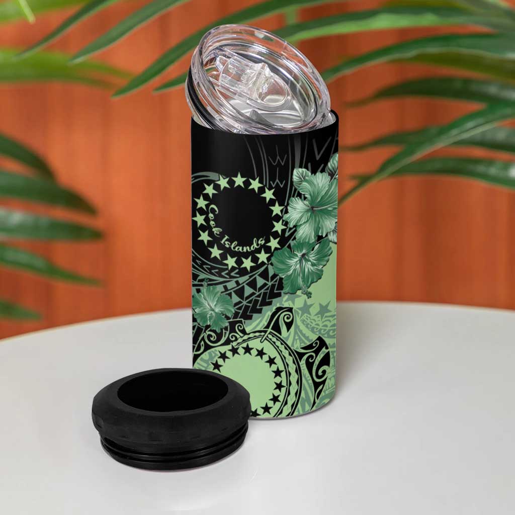 Cook Islands Turtle 4 in 1 Can Cooler Tumbler Stars and Hibiscus - Green