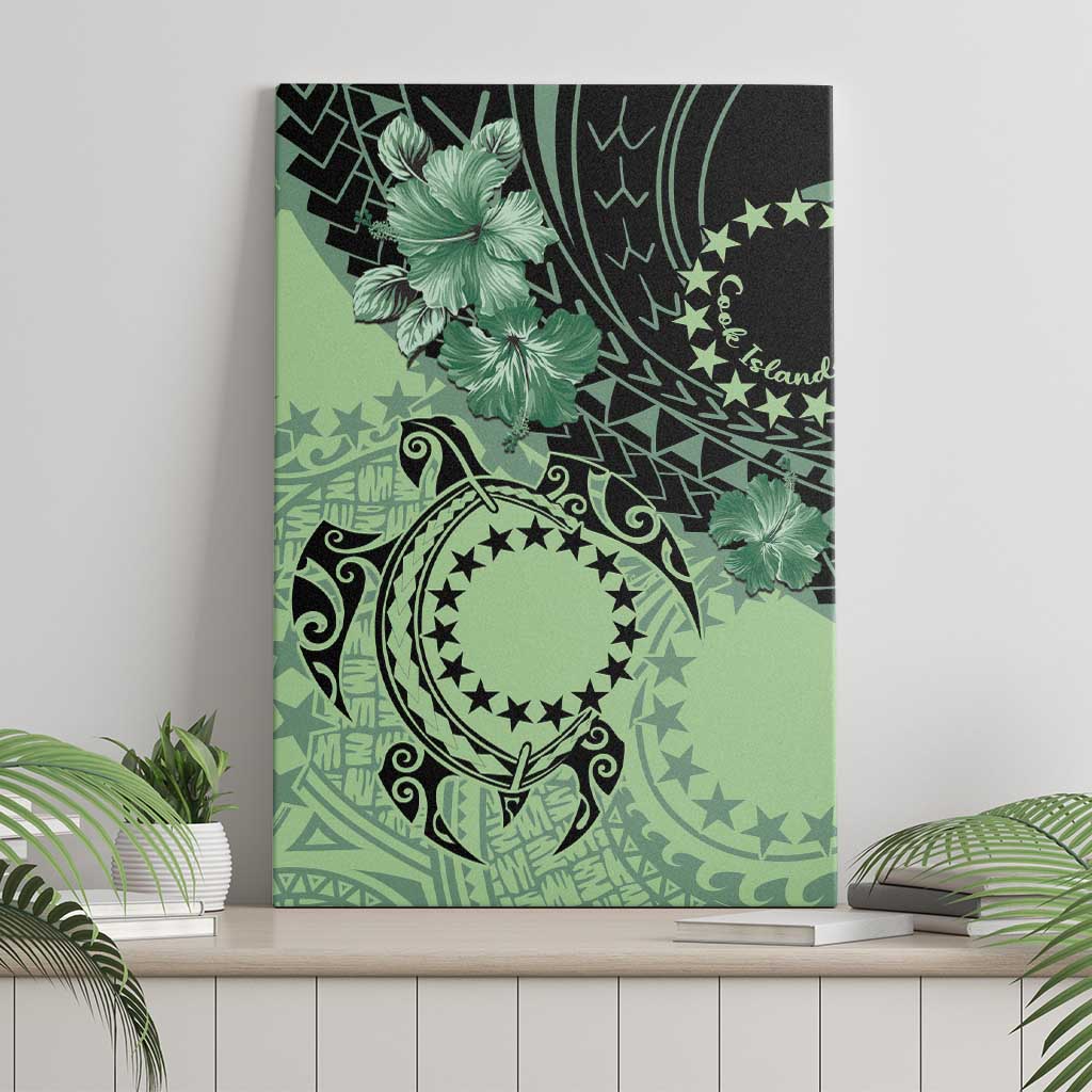 Cook Islands Turtle Canvas Wall Art Stars and Hibiscus - Green