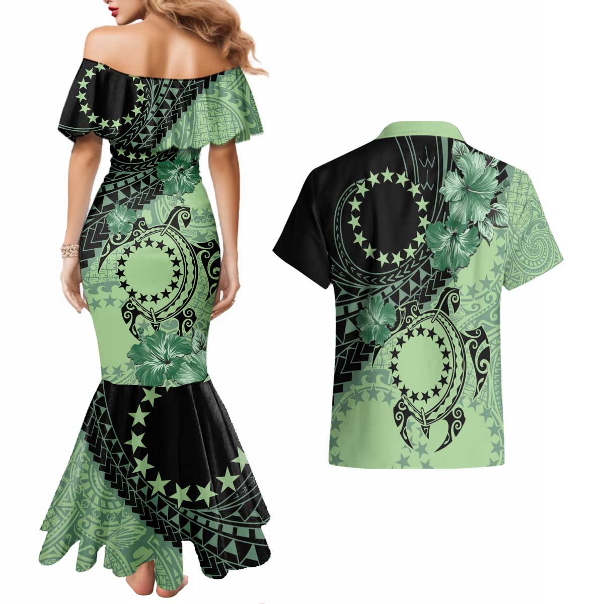 Cook Islands Turtle Couples Matching Mermaid Dress and Hawaiian Shirt Stars and Hibiscus - Green