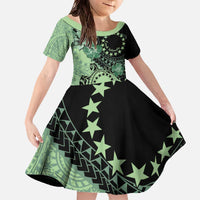 Cook Islands Turtle Family Matching Off The Shoulder Long Sleeve Dress and Hawaiian Shirt Stars and Hibiscus - Green