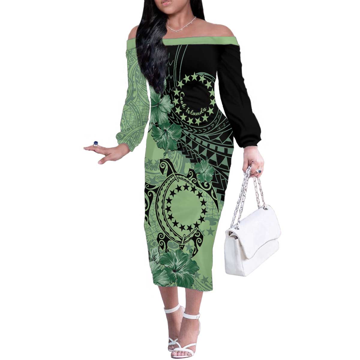 Cook Islands Turtle Family Matching Off The Shoulder Long Sleeve Dress and Hawaiian Shirt Stars and Hibiscus - Green