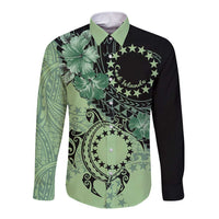 Cook Islands Turtle Long Sleeve Button Shirt Stars and Hibiscus - Green