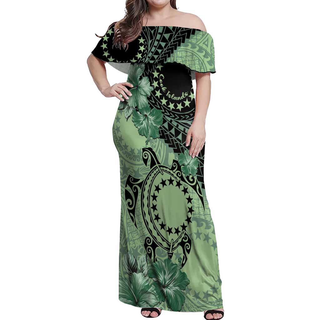 Cook Islands Turtle Off Shoulder Maxi Dress - Stars and Hibiscus Green LT01 Women Green - Polynesian Pride