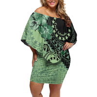 Cook Islands Turtle Off Shoulder Short Dress Stars and Hibiscus - Green LT01 Women Green - Polynesian Pride