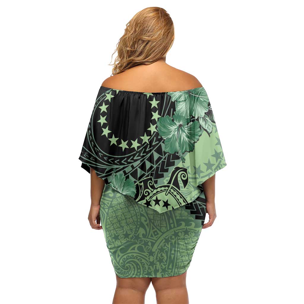 Cook Islands Turtle Off Shoulder Short Dress Stars and Hibiscus - Green LT01 - Polynesian Pride