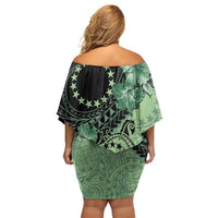 Cook Islands Turtle Off Shoulder Short Dress Stars and Hibiscus - Green LT01 - Polynesian Pride