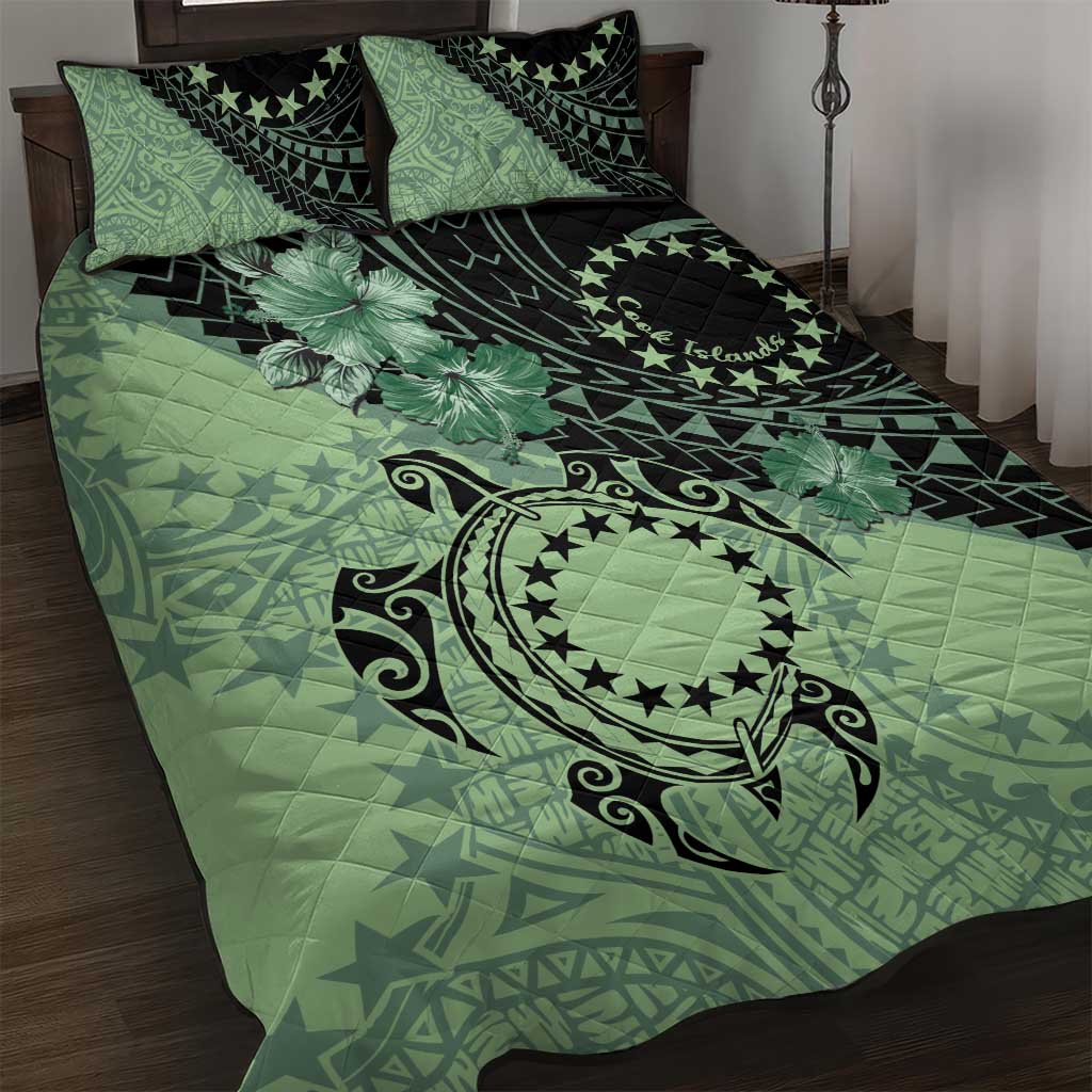 Cook Islands Turtle Quilt Bed Set Stars and Hibiscus - Green
