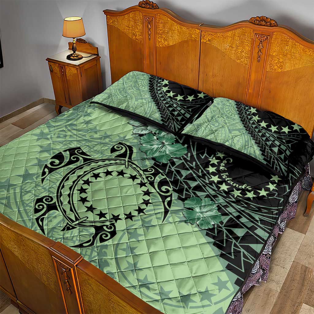 Cook Islands Turtle Quilt Bed Set Stars and Hibiscus - Green