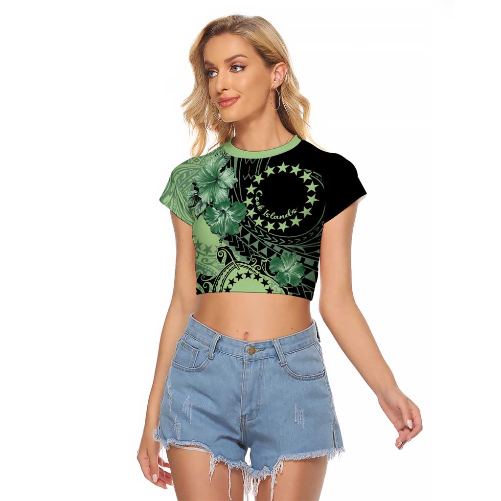 Cook Islands Turtle Raglan Cropped T Shirt Stars and Hibiscus - Green LT01 Female Green - Polynesian Pride