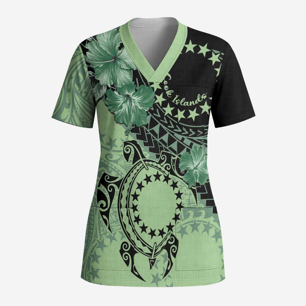 Cook Islands Turtle Scrub Top Stars and Hibiscus - Green - Polynesian Pride