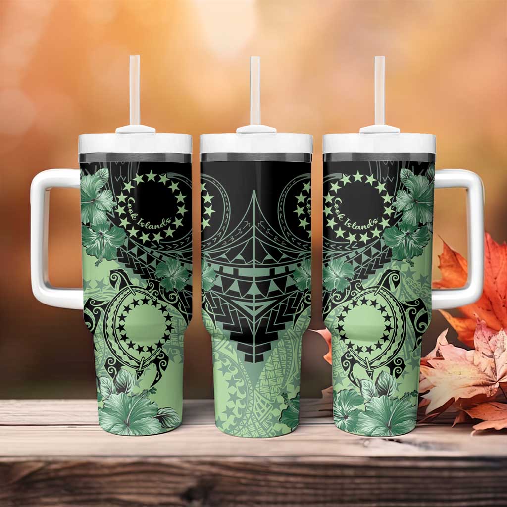 Cook Islands Turtle Tumbler With Handle Stars and Hibiscus - Green