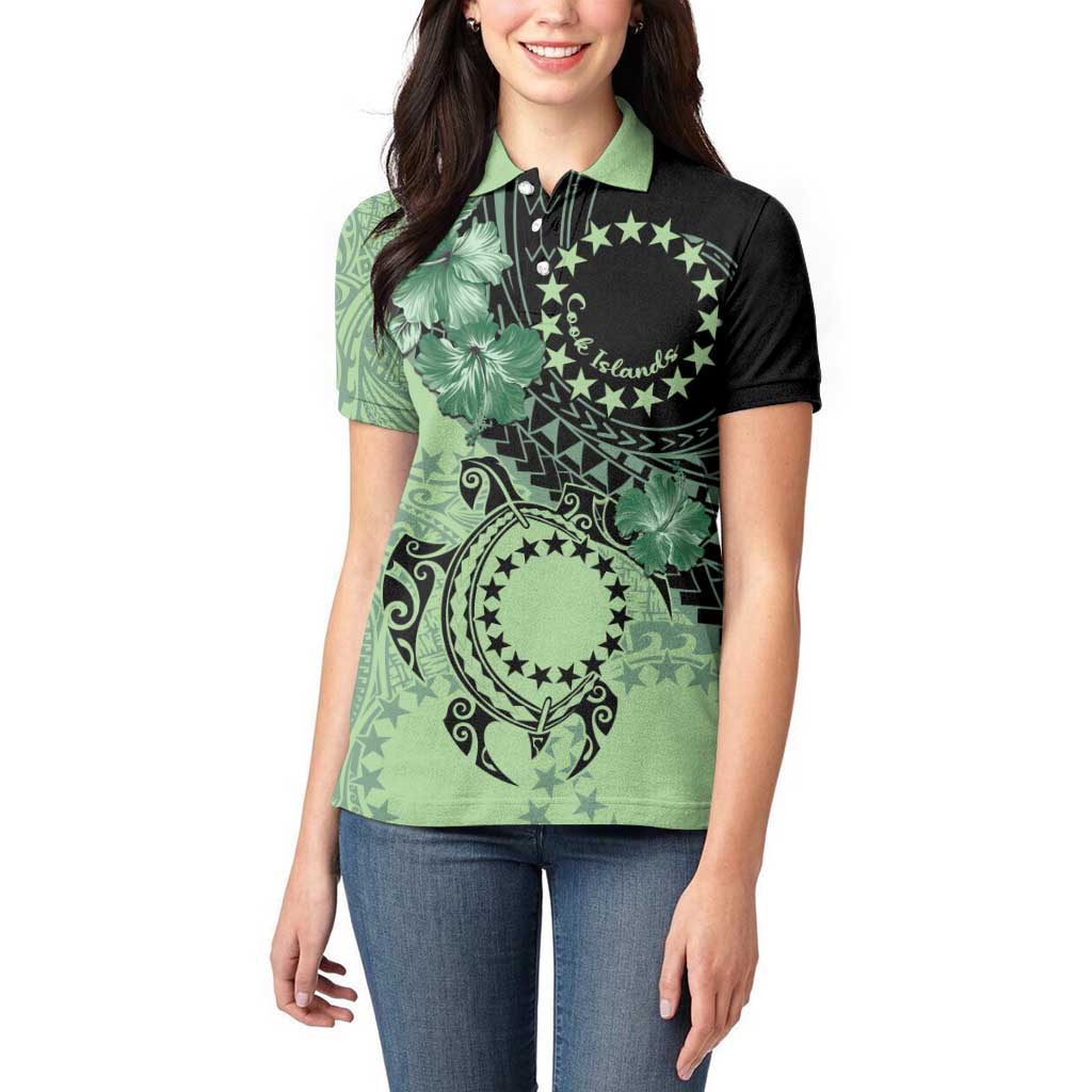 Cook Islands Turtle Women Polo Shirt Stars and Hibiscus - Green