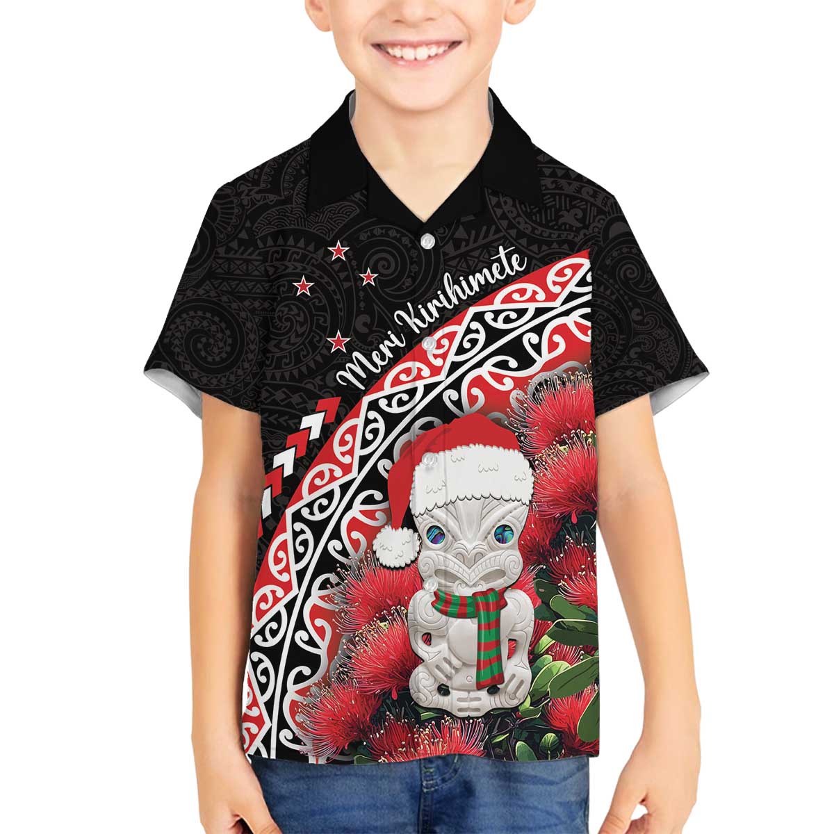 New Zealand Christmas Meri Kirihimete Family Matching Off The Shoulder Long Sleeve Dress and Hawaiian Shirt Santa Hei Tiki Pohutukawa