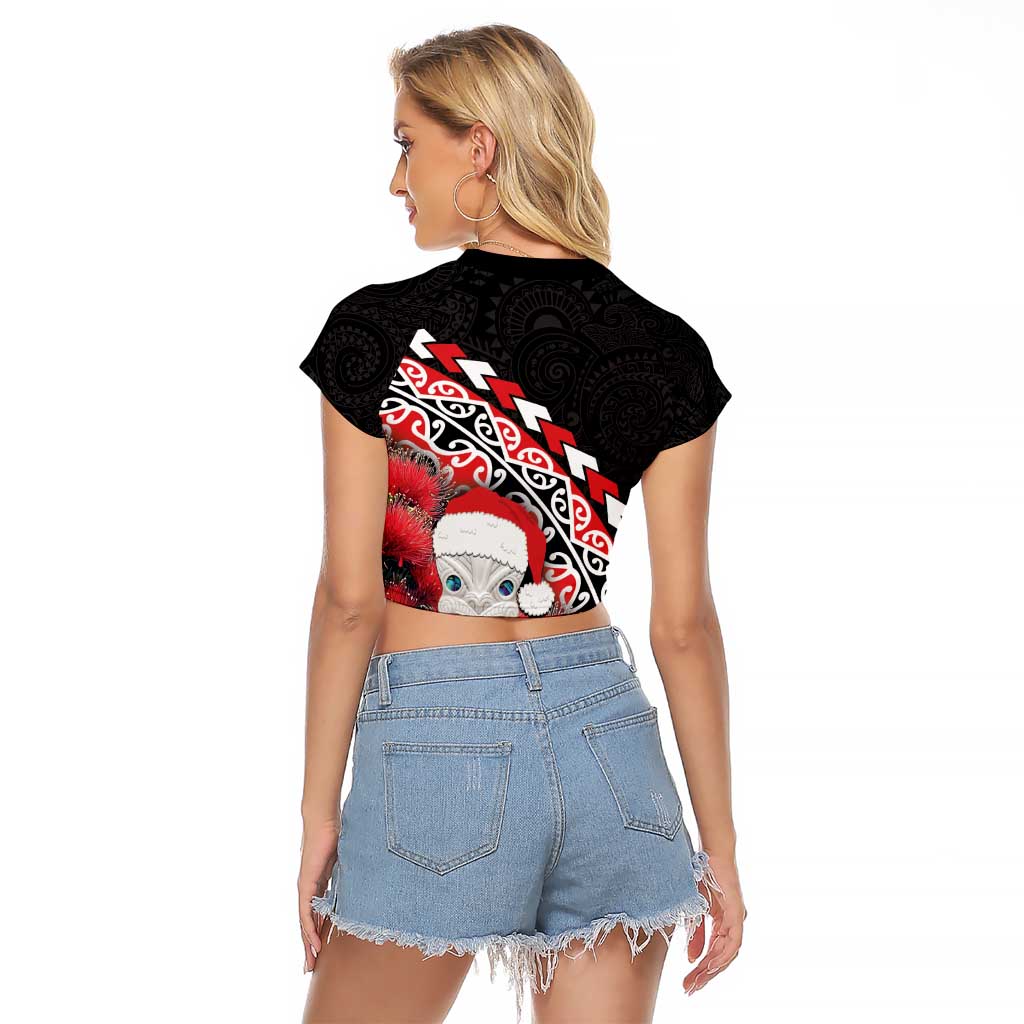 New Zealand Christmas Meri Kirihimete Raglan Cropped T Shirt Santa Hei Tiki Pohutukawa