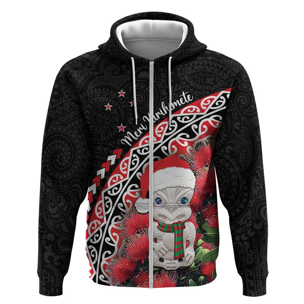 New Zealand Christmas Meri Kirihimete Zip Hoodie Santa Hei Tiki Pohutukawa