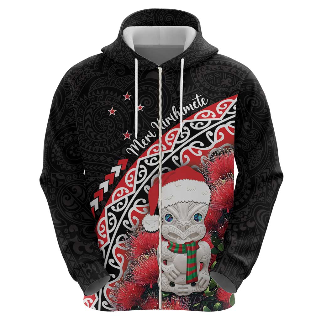 New Zealand Christmas Meri Kirihimete Zip Hoodie Santa Hei Tiki Pohutukawa