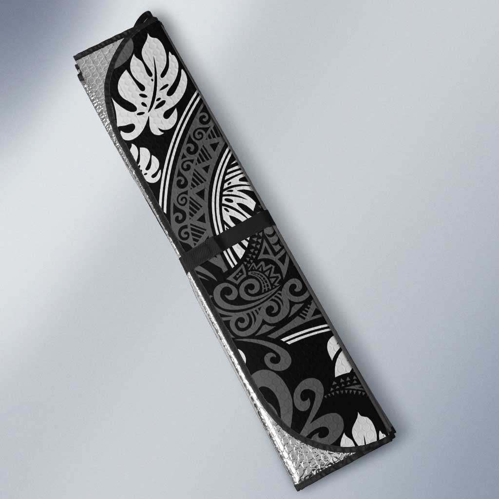 Grayscale Monstera Auto Sun Shade Polynesian Tribal Pattern - Polynesian Pride