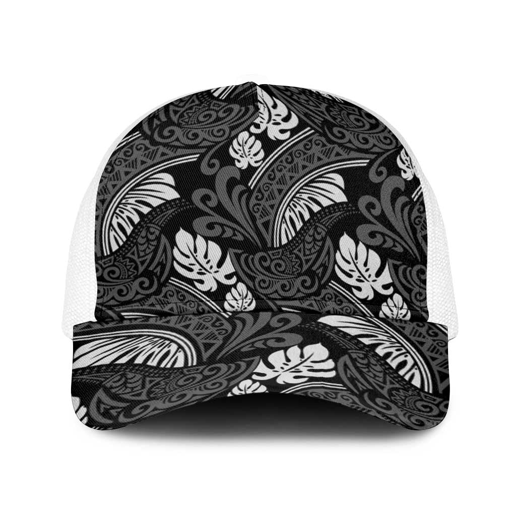 Grayscale Monstera Baseball Net Cap Polynesian Tribal Pattern LT01 One Size White Black - Polynesian Pride