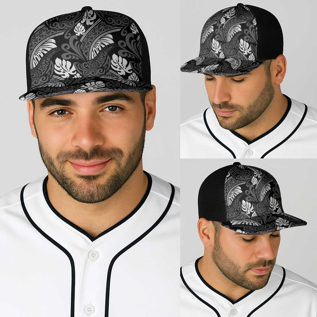 Grayscale Monstera Baseball Net Cap Polynesian Tribal Pattern LT01 - Polynesian Pride