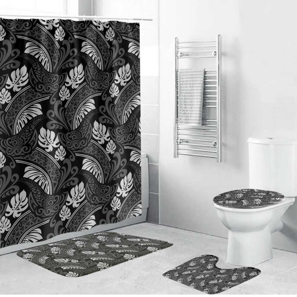 Grayscale Monstera Bathroom Set Polynesian Tribal Pattern LT01 Bathroom Set (4 pcs) Black - Polynesian Pride