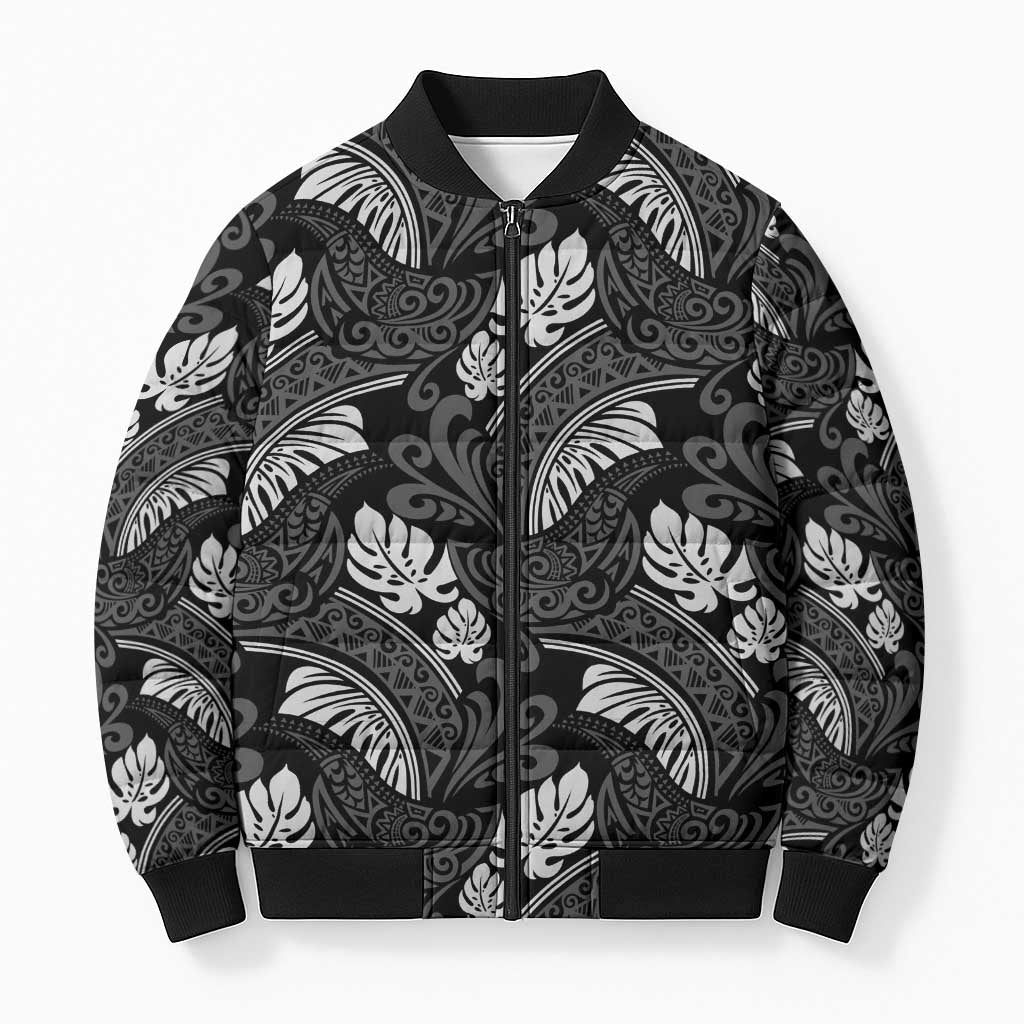 Grayscale Monstera Bomber Puffer Jacket Polynesian Tribal Pattern LT01 Unisex Black - Polynesian Pride
