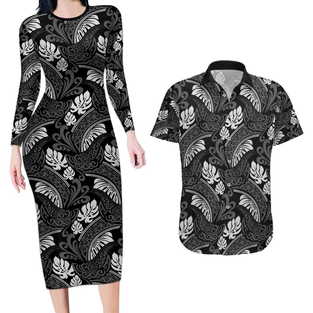 Grayscale Monstera Couples Matching Long Sleeve Bodycon Dress and Hawaiian Shirt Polynesian Tribal Pattern LT01 Black - Polynesian Pride