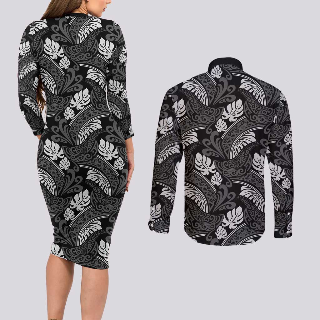 Grayscale Monstera Couples Matching Long Sleeve Bodycon Dress and Long Sleeve Button Shirt Polynesian Tribal Pattern LT01 - Polynesian Pride