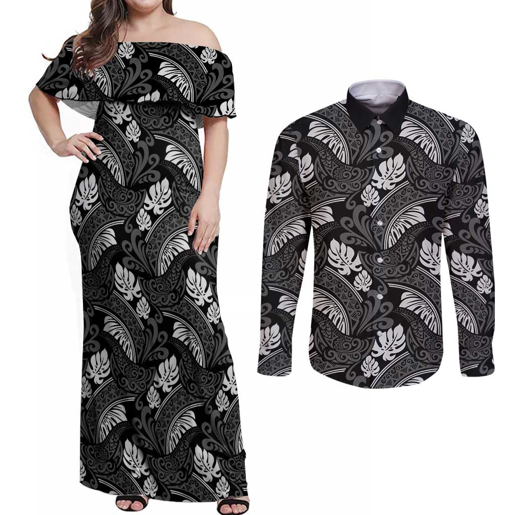 Grayscale Monstera Couples Matching Off Shoulder Maxi Dress and Long Sleeve Button Shirt Polynesian Tribal Pattern LT01 Black - Polynesian Pride