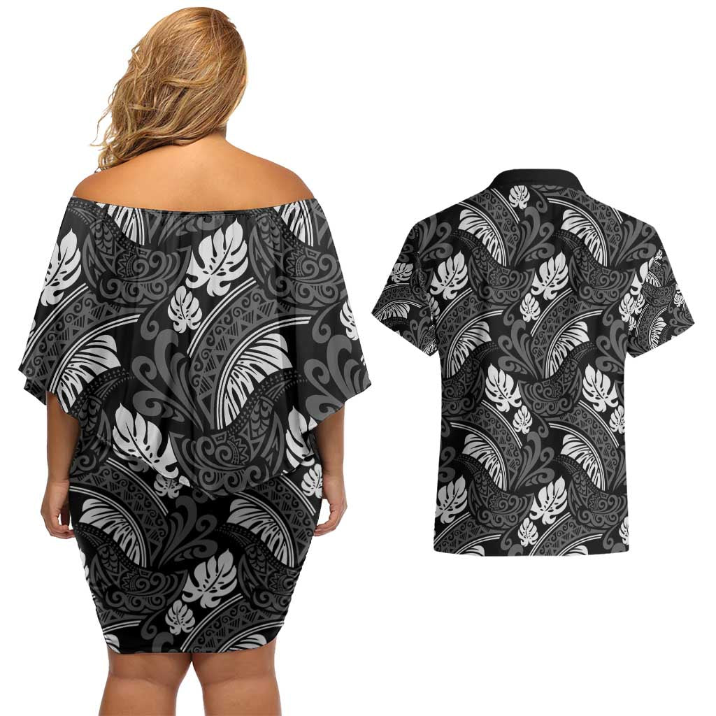 Grayscale Monstera Couples Matching Off Shoulder Short Dress and Hawaiian Shirt Polynesian Tribal Pattern LT01 - Polynesian Pride