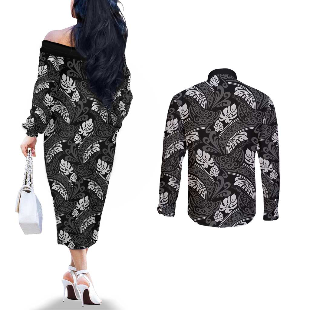 Grayscale Monstera Couples Matching Off The Shoulder Long Sleeve Dress and Long Sleeve Button Shirt Polynesian Tribal Pattern - Polynesian Pride