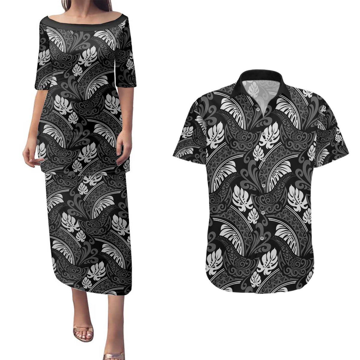 Grayscale Monstera Couples Matching Puletasi and Hawaiian Shirt Polynesian Tribal Pattern LT01 Black - Polynesian Pride
